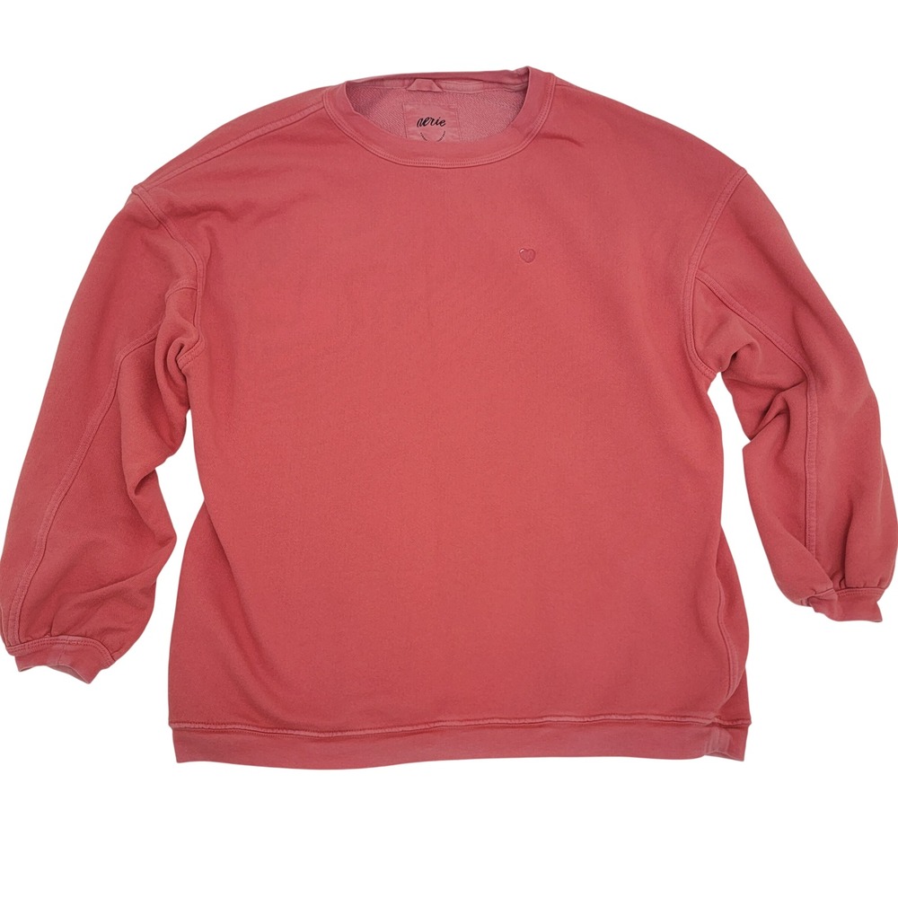 Aerie Women XS Oversized Crew Neck Sweatshirt Terracotta Pink Heart Embroidered